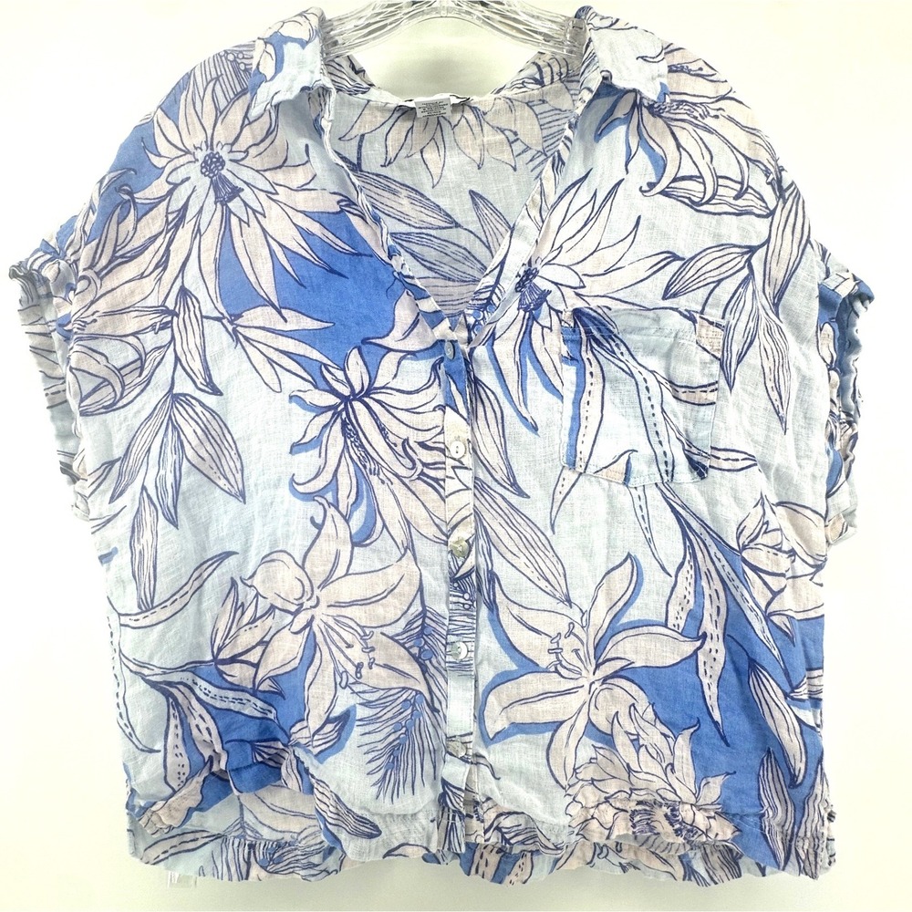 Halston Womens XL Blue White Floral 100% Linen Button Down Short Sleeve Shirt